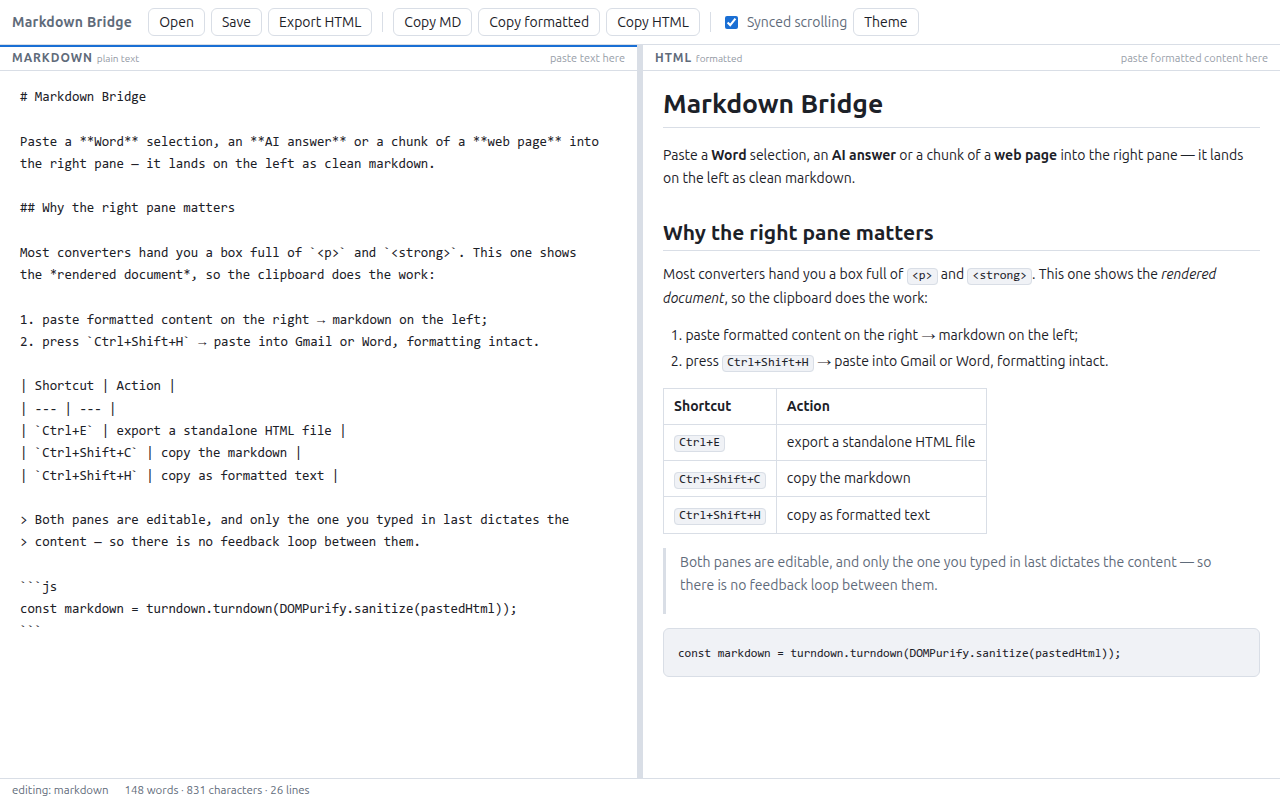 Markdown Bridge no tema claro: markdown à esquerda, documento formatado à direita