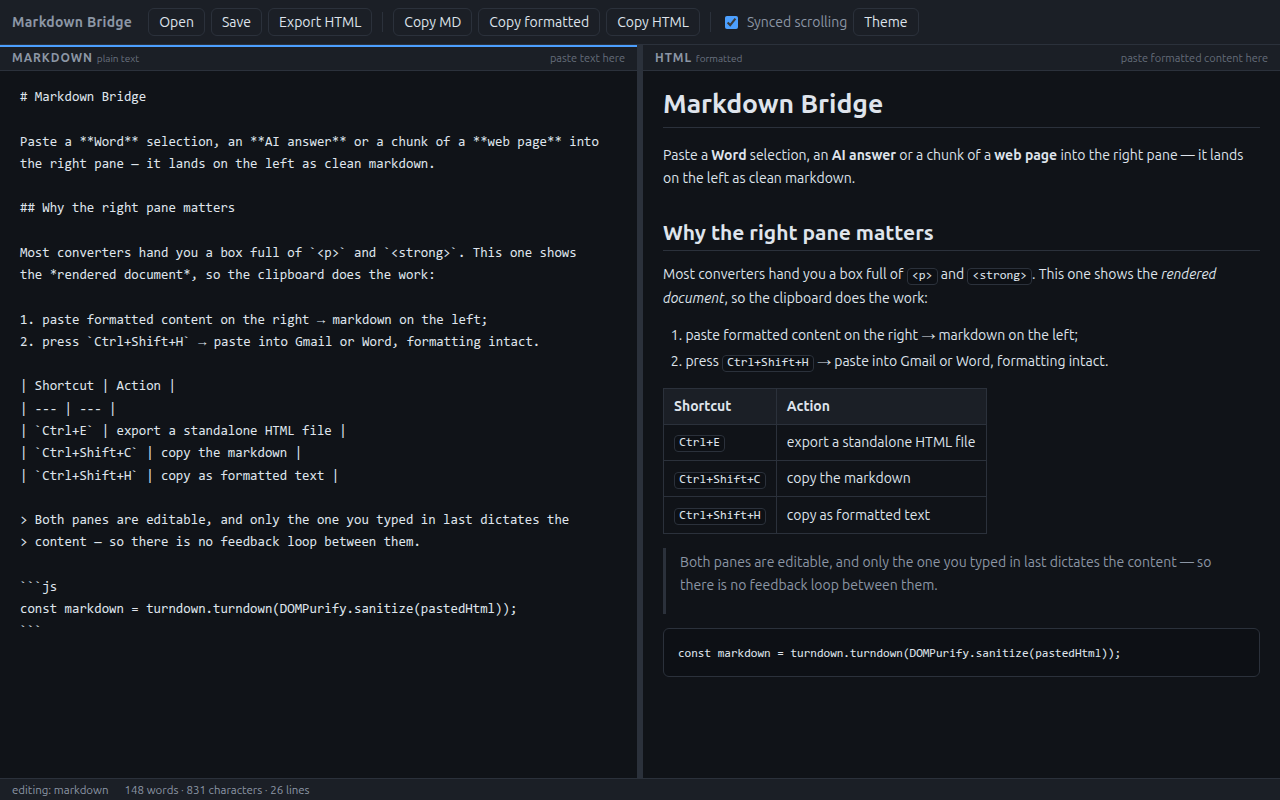 Markdown Bridge — editor de dois painéis